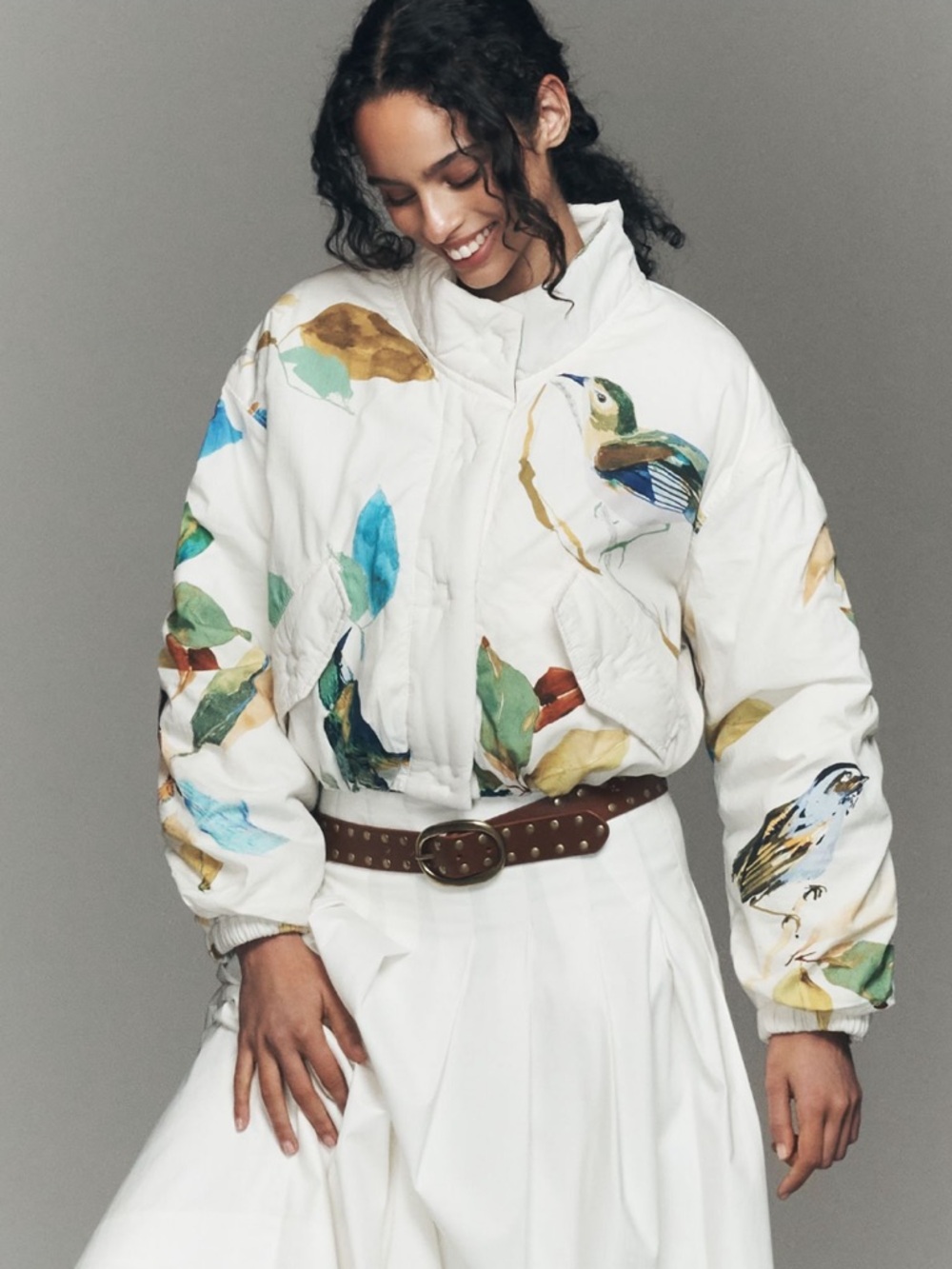 Anthropologie Raven Roxanne Funnel Neck
Puffer Cropped Jacket Bird-Print NWT